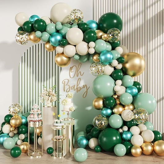 MEBAY Green Gold White Balloon Arch Kit, 147PCS Dark Green Ivory Gold Metallic Pastel Green Balloons Garland for Birthday Wedding Baby Bridal Shower Party Decorations