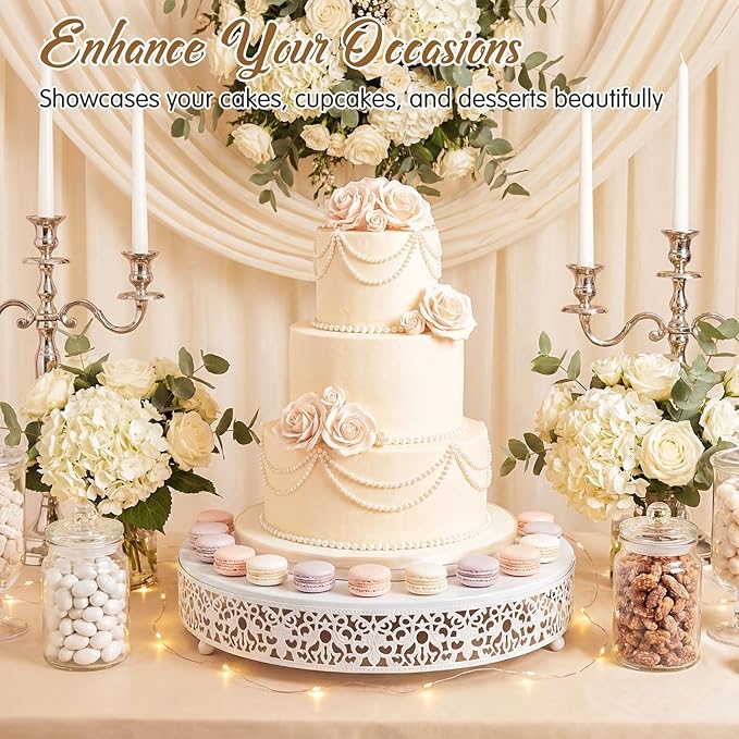 Wenqik 14 Inch White Cake Stand Set Metal Round Cupcake Dessert Stand with Cake Cutting, Spatula Wedding Cupcake Pastry Display Candy Holder Display for Wedding Party Birthday Baby Shower(Classic)