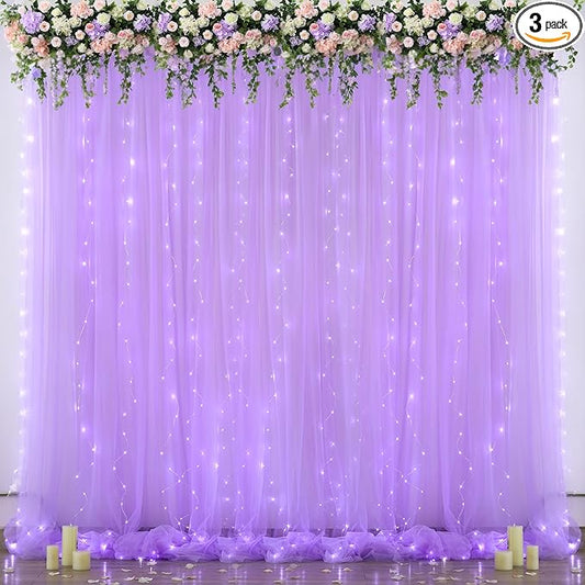 Lavender Tulle Backdrop Curtain with Led Lights for Wedding Baby Shower Girls 10ft X 8ft Lilac Lavender Sheer Backdrop Curtain for Birthday Party Bridal Shower Photoshoot Background Decorations
