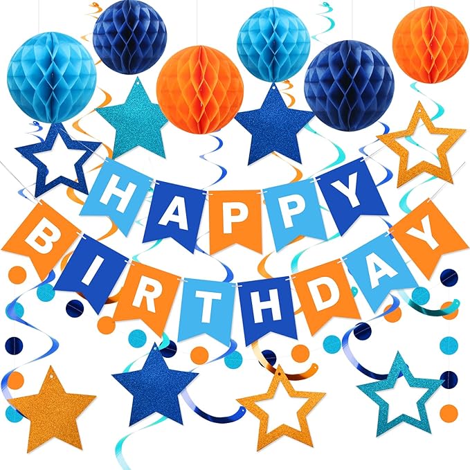 meowtastic Birthday Decorations, Happy Birthday Banner with Honeycomb Balls, Star Hanging Swirl Streamers, Circle Dots Garland, Happy Birthday Party Decorations for Women Girls (Blue & Orange)