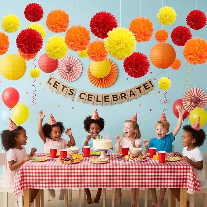 Red Orange and Yellow Paper Pom Poms (12 Pack) - Hanging Tissue Flowers for Thanksgiving Firefighter Birthday Party Ceiling Decorations