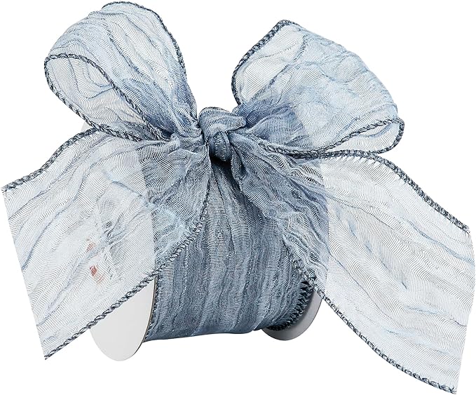 HUIHUANG Blue Wire Ribbon 2.5 inch Metallic Crinkle Dusty Blue Wired Ribbon for Bows Making Gift Wrapping Wreaths Holiday Home Decor DIY Crafts Christmas Tree Bows -10 Yards