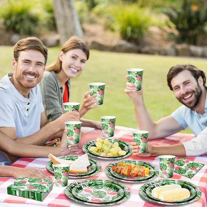 Jingmore 200 Pcs Tropical Flamingo Hawaiian Aloha Party Supplies Serve 50 Guests Luau Paper Plates Cups Napkins for Summer Beach Tableware Pool Party