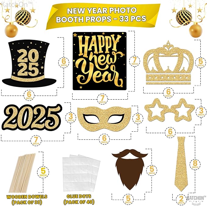 KatchOn New Years Eve Photo Booth Props 2025 - Pack of 33, Glitter NYE Party Supplies | Happy New Year Decorations
