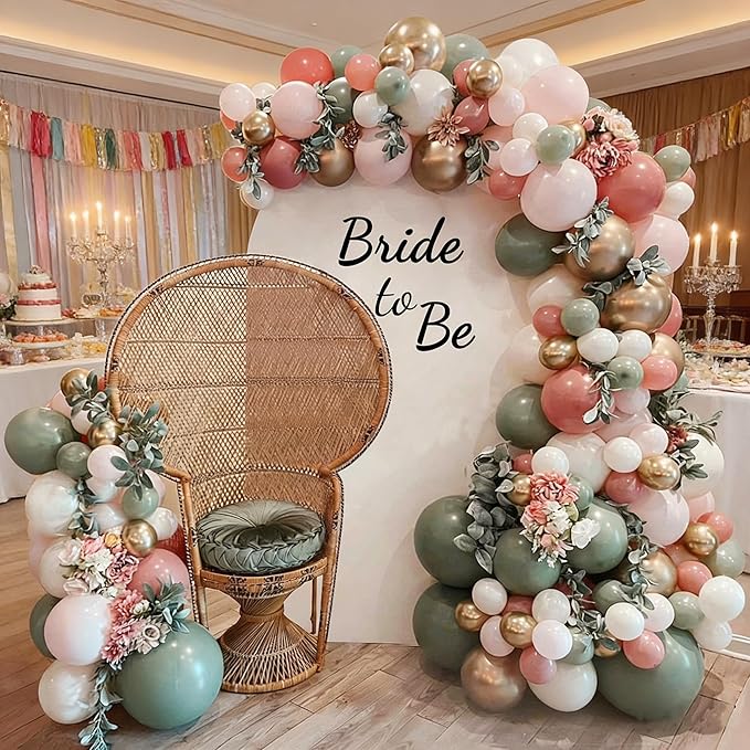 Bridal Shower Balloon Arch Garland Kit, 139pcs Sage Green Retro Dusty Pink Metallic Gold Balloons for Bachelorette Bride To Be Wedding Birthday Party Decorations