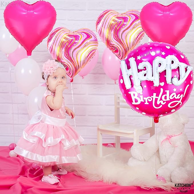 KatchOn, Huge Happy Birthday Balloon Pink Set - 23 Inch, Pack of 5 | Hot Pink Heart Balloons For Happy Birthday Decorations | Foil Balloons For Princess Party Decorations