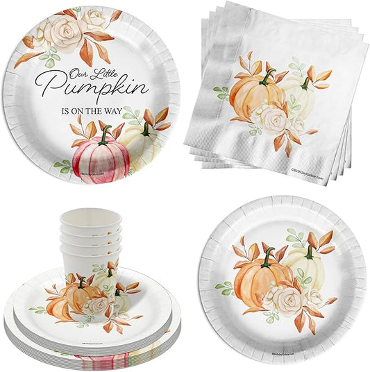 Our Little Pumpkin Is On The Way Girl Baby Shower Party Supplies - 64 Piece Fall Baby Shower Tableware Set Includes Large 9" Dinner Plates and 8" Dessert Paper Plates Napkins Cups - Kit for 16