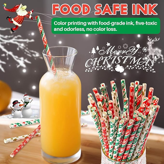 MAQIHAN 100pcs Christmas Drinking Straws - Cocktail Straws Small Colourful Agave Kraft Paper Straws Bulk, for Coffee, Milk, Juice, Cocktial and Suit for Christmas, Birthday Parties, Weddings.