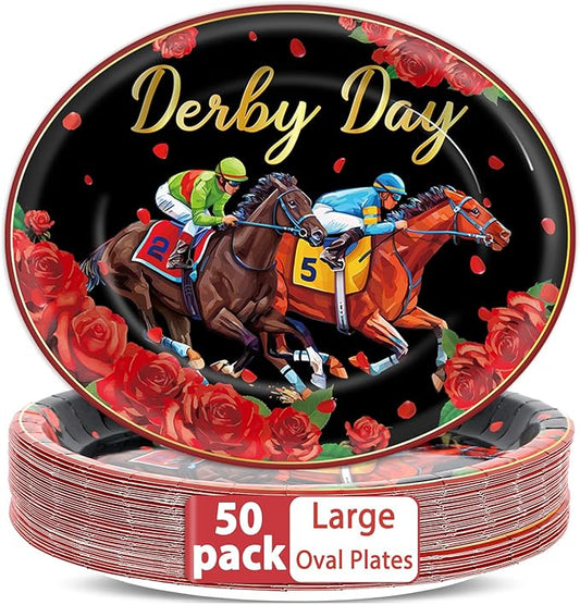 Qyeahkj 50 PCS Kentucky Oval Paper Plates Large 11” Disposable Derby Day Theme Party Decorations Horses Racing Supplies Favor Run for The Roses Tableware Set