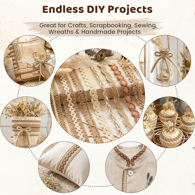 VGOODALL 9 Rolls Jute Ribbons Lace Craft Ribbon 18 Meters for Crafts Wraping Gifts Party Holiday and Rustic Wedding Decorations
