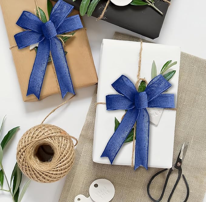 Navy Blue Burlap Ribbon 1/2 inch X 10 Yard Natural Navy Blue Woven Ribbon DIY Handmade Solid Wired Edging Production Wreath Holiday Decoration Gift Ribbon for Gift Wrapping Navy Blue Ribbon