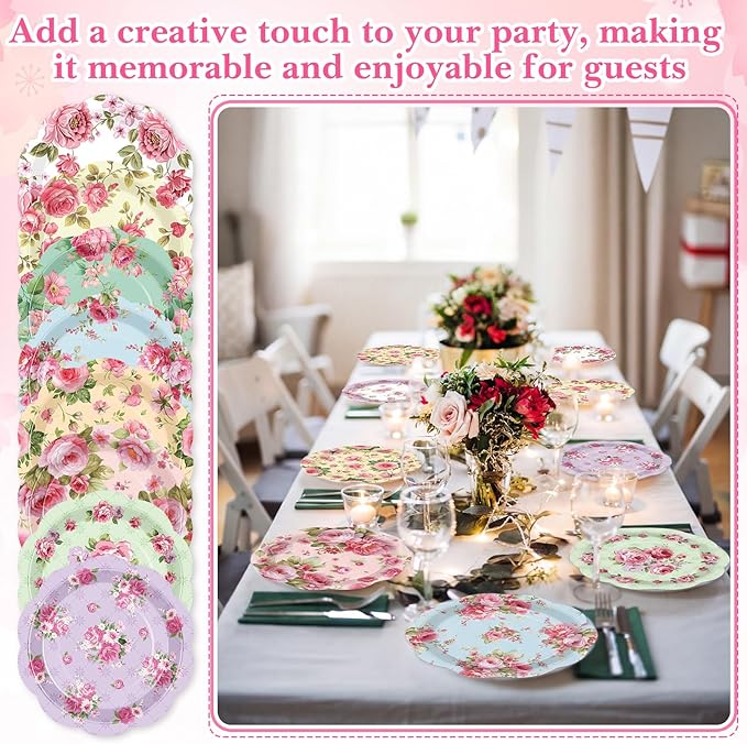 80 Pcs Spring Floral Paper Plates 7 Inch Vintage Scalloped Tea Party Plates Pink Flower Colorful Disposable Dinnerware Dessert Dish for Wedding Bridal Shower Baby Shower Birthday Party Decoration