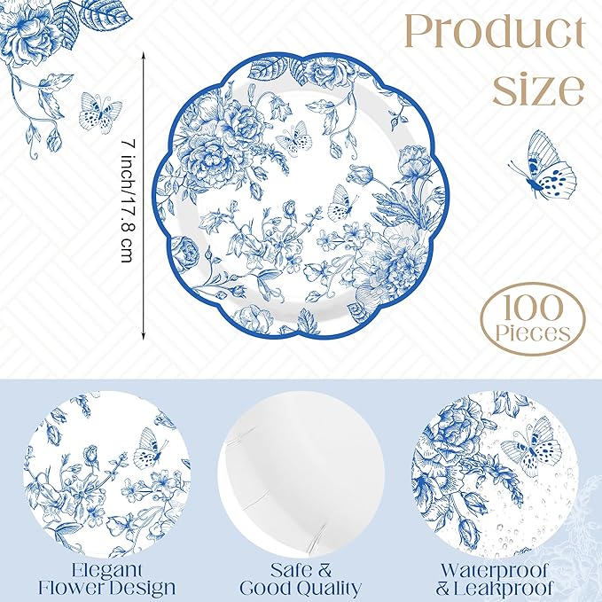 Kochorie 100 Pieces Blue Flower Paper Plates 7 Inches Disposable Floral Paper Plates Scalloped Blue Chinoiserie Vintage Flower Dessert Plate for Wedding Birthday Holiday Party Decor Supplies