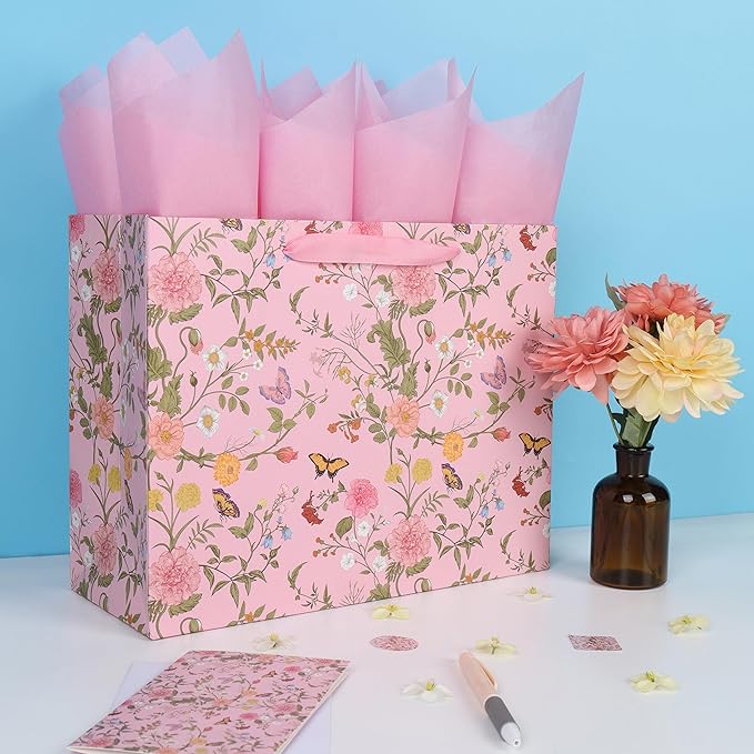 13'' Large Flowers Gift Bag Set with Handles, Greeting Card, Purple Tissue Papers and Stickers for Girls Women Kids Teens for Birthday Party, Mother's Day, Weddings, Anniversaries, Floral Design, 1 Pcs