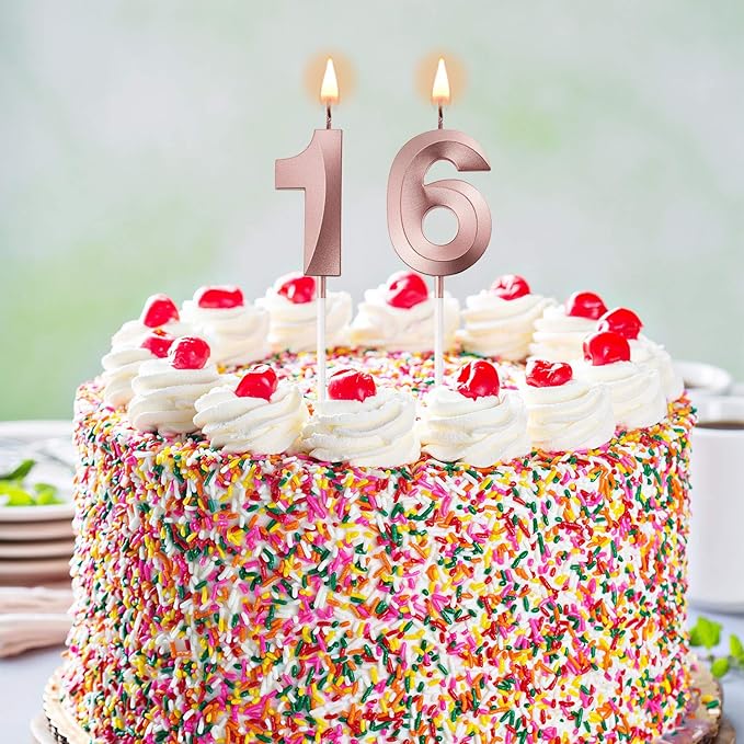 BBTO 16th & 61st Birthday Candles Number Candles Cake Topper Decoration for Birthday Wedding Anniversary Celebration Supplies(Rose Gold)