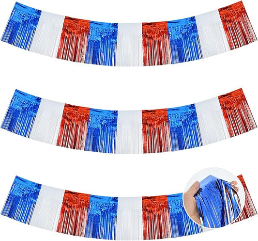 BEISHIDA 3 Packs Metallic Foil Fringe Garland Red White Blue Wall Hanging Tinsel Fringe Banners for Floats Birthday 4th of July Memorial Day Patriotic New Year Party Decoration(30 Feet)