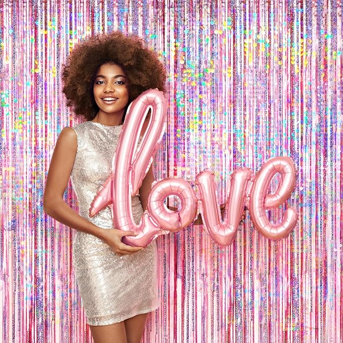 4 Packs Pink Foil Fringe Curtain, Pink Glitter Metallic Tinsel Backdrop for Birthday, Wedding, Baby Shower, Princess Bachelorette Cowgirl Party Decorations Supplies