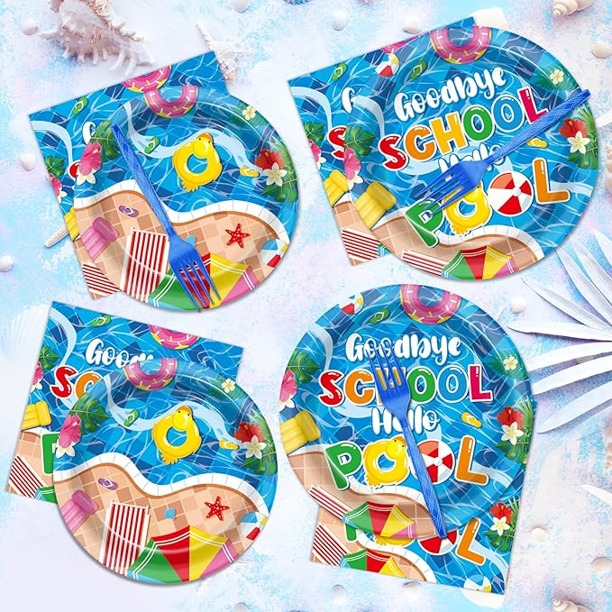 Qyeahkj 100 Pcs Pool Party Decoration for Goodbye School Hello Pool Paper Plate Napkin End of School Year Dinnerware Table Supplies Summer Vacation Graduation Birthday Party Tableware Decor Serves 25