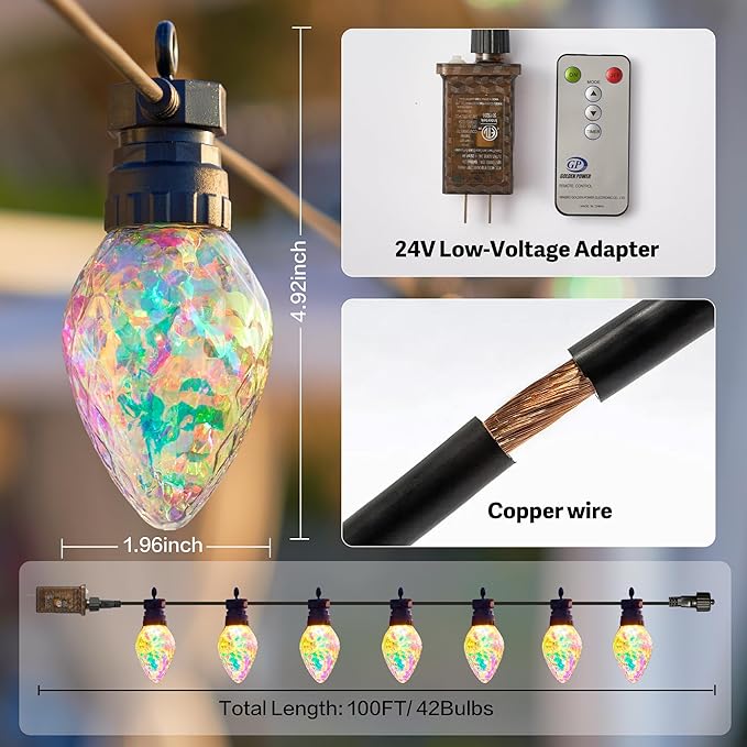 Outdoor String Lights, 100FT 42 LED Iridescent Holographic Bulbs, Waterproof Patio Lights with Remote Control, Shatterproof Connectable Lights for Backyard, Porch, Garden, and Party