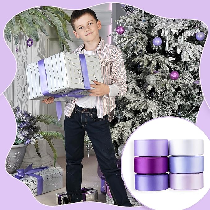 Purple Satin Ribbon 1 Inch Wide Lavender Light Purple Lilac Ribbon Assorted Solid Color Double Faced Satin Ribbon for Flower Bouquet Wedding Invitation Crafts Gift Wrapping Hair Bows - 60Yds