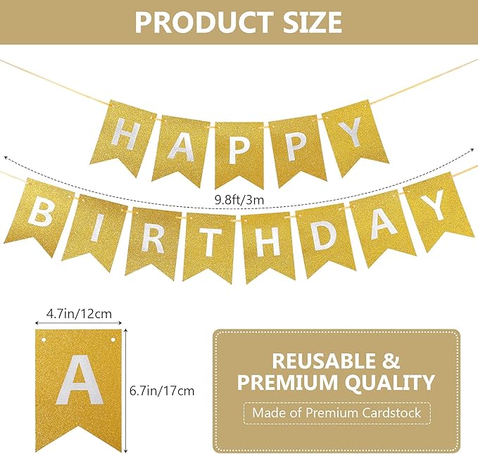 Clabby Glitter Gold Happy Birthday Banner with Shiny Letters Happy Birthday Shiny Glitter Hanging Signs Bunting for Party Supplies Hanging Backdrop Decoration