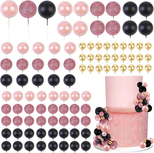 101 Pcs Ball Cake Decorations - Rose Gold Sequin Black Ball Dessert Picks & Cupcake Toppers, Wedding Bridal Shower Birthday Party Baby Shower Gender Reveal Cake Supplies