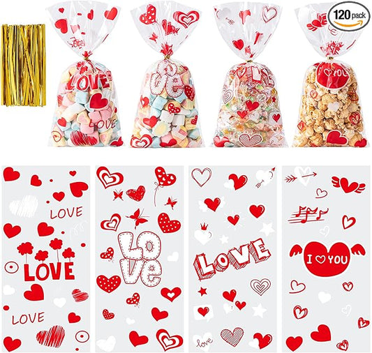 Aegero Valentines Cellophane Bags 120pcs Valentines Candy Bags with 140pcs Twists for Valentine's Candy Cookie Goodie Snack Bag for Valentines Day Wedding Party Favor Supplies,Classroom Parties Valentine01-LOVE