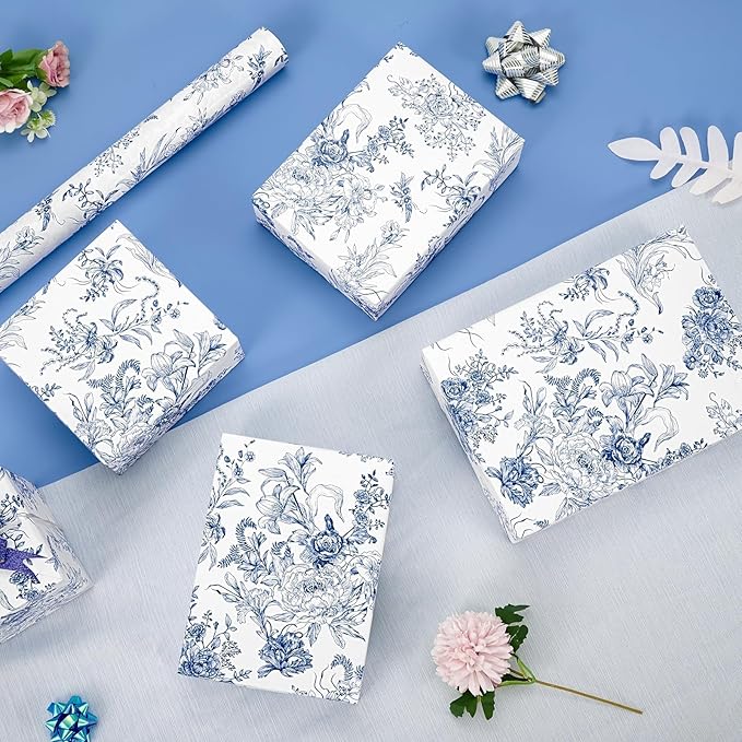 WERNNSAI Flower Gift Wrapping Paper Roll - 1 Roll 17”x 33 ft Bouquet Wrapping Paper Wedding Blue Gift Wrap for Women Adults Birthday Party Festival Holiday Art Supplies
