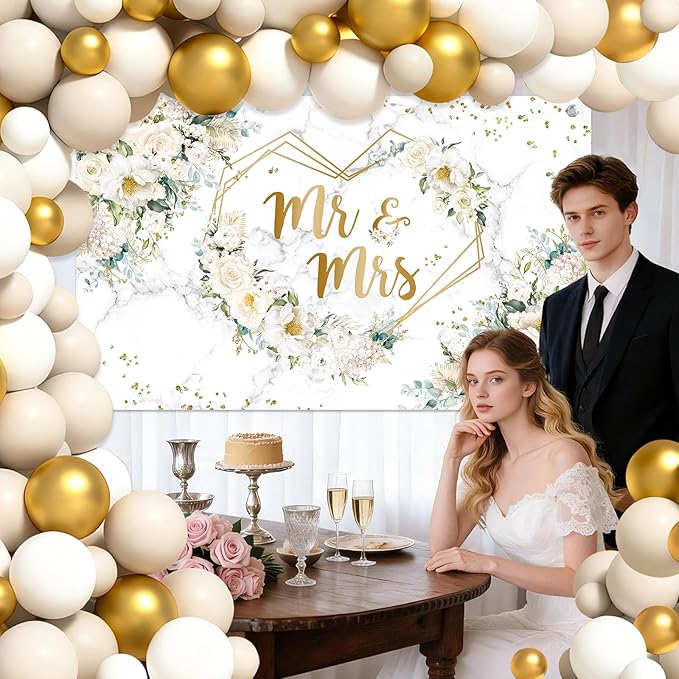 MEHOFOND 113pcs White Floral Wedding Balloons Arch Kit, Mr and Mrs Banner Backdrop, Flowers Hearts Geometric Bride to Be Party Decorations, Engagement White and Gold Balloons Garland Party Decor