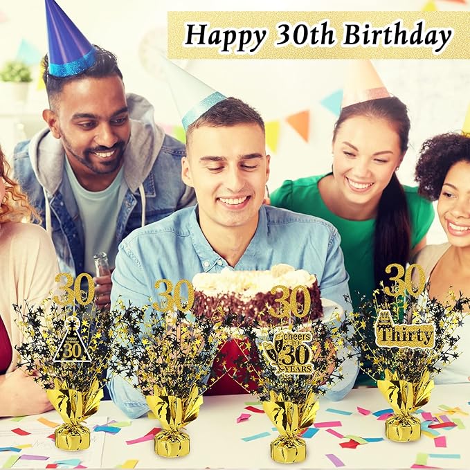 Tatuo 4 Pcs Metallic Foil Spray Centerpiece Happy 30th 40th 50th 60th Years Centerpiece Table Decorations for Black and Gold Birthday Anniversary Wedding Party Table Decor(30th Birthday)