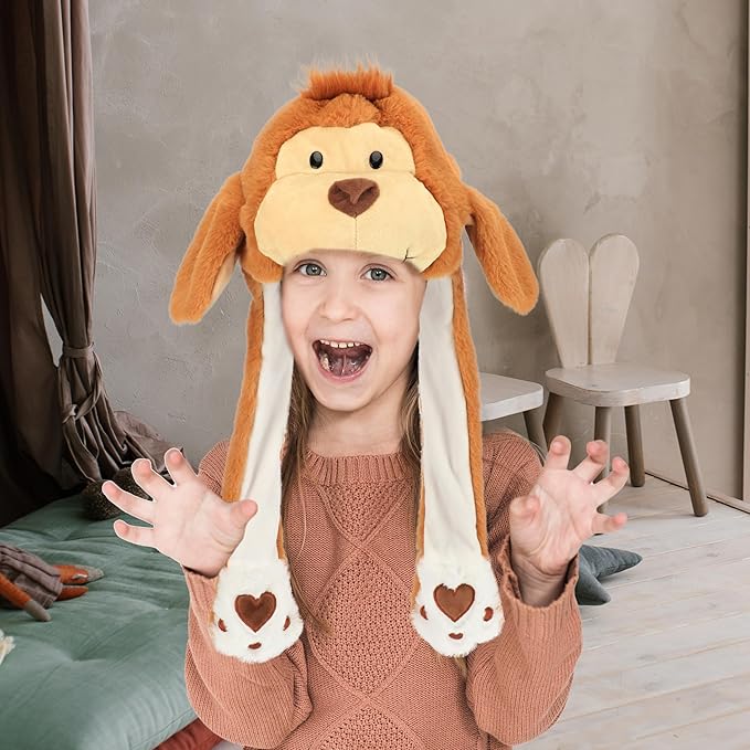 Bubblepompom Animal Hat with Ears Moving Jumping Pop Up Beating Hat Plush Holiday Cosplay Dress Up Funny Gift for Kids