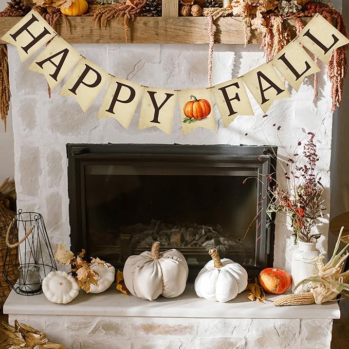 Fall Decoration - Happy Fall Pumpkin Banner Wall Hanging Holiday Decor for Outdoor Mantle Fireplace - Thanksgiving Party Supplies & Decor Autumn Banner for Home Office Room - A02