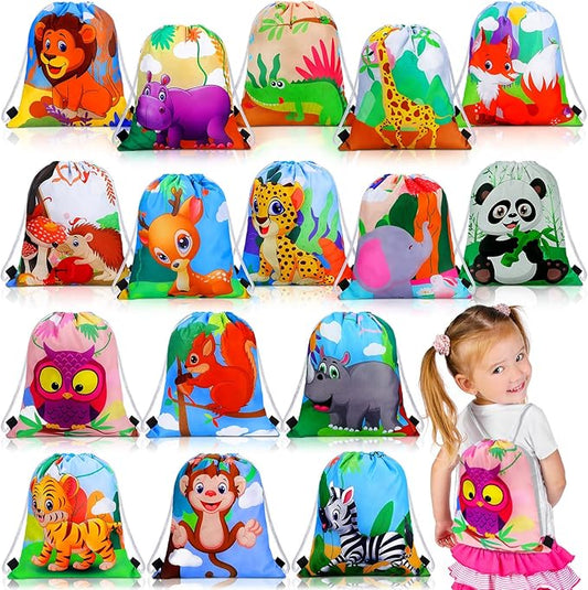 Gerrii 16 Pieces Jungle Animal Drawstring Bags Cartoon Animal Birthday Party Supplies Safari Wildlife Candy Goodie Treat Bags Safari Party Favors Gift for Kids Birthday Boy Girl Holiday Baby Shower