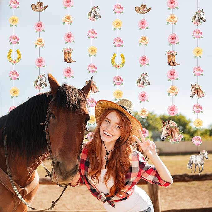 Daifunli 8 Pcs Cowgirl Party Decorations Pink Girl Horse First Birthday Hanging Garlands Watercolor Floral Rose Western Horse Paper Cutouts Streamers for Wild West Cowgirl Baby Shower Party Supplies