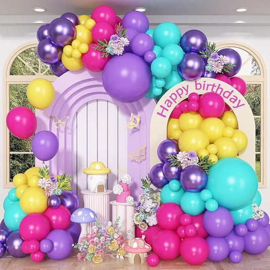 HILAVO Pink Blue Purple Balloons Garland Arch Kit 132 Pcs Hot Pink Metallic Purple Teal Yellow Latex Helium Balloon Garland for Kids Magic Theme Baby Shower Mermaid Birthday Princess Party Decoration