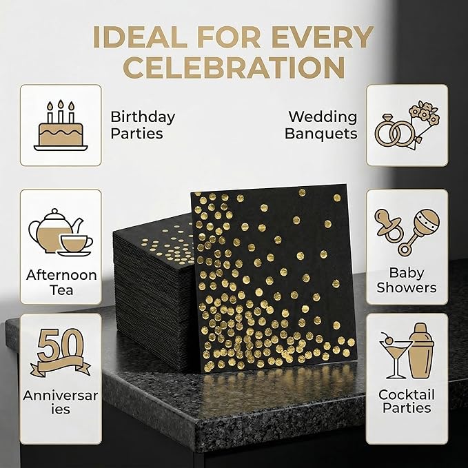 100 Pack Balck Gold Cocktail Napkins with Gold Foil Polka Dot, 3-Ply Party Paper Napkins, 5 x 5 Inches Bar Napkin Disaposable for Weddings, Birthdays, Baby Showers, Anniversaries, and Cocktail Parties