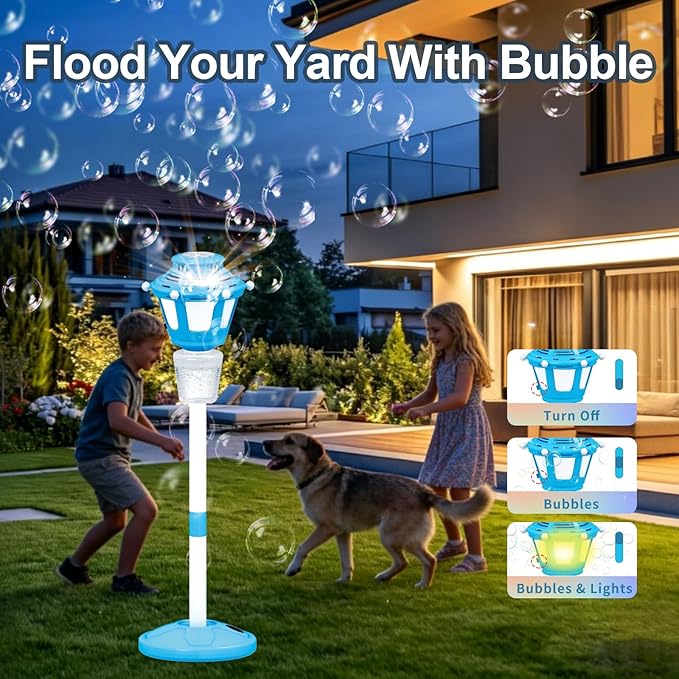 Bubble Machine Maker for Kids, Automatic Bubble Blower with Light & Rechargeable Battery, 40 Inch Adjustable Height Outdoor Toy for Toddlers Party Birthday (Includes 3 Solution), Blue