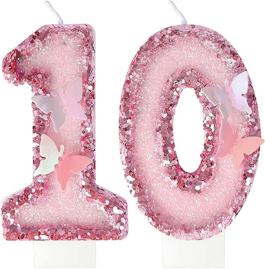 10th Birthday Candles, Glitter Butterfly Cake Toppers Pink Sequins Numeral Cupcake Decorations, Suitable for Girl and Boy Cakes, Party Celebrations, Birthday Decorations