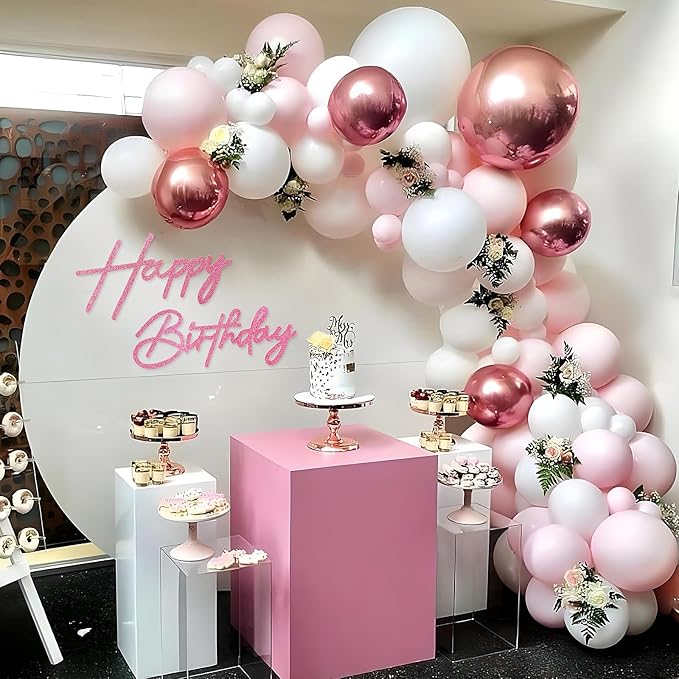 Happy Birthday Sign for Backdrop - Glitter Pink Felt 'Happy Birthday' Letter Sign for Balloon Arch Backdrop Decorations