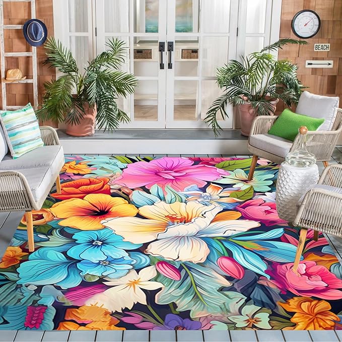 Large Floral Outdoor Rug for Patio Balcony Deck Camping Poolside Garden Machine Washable Waterproof Porch Backyard Outside Carpet 4x6 Orange Blue Pink Flower Mat Easy Clean