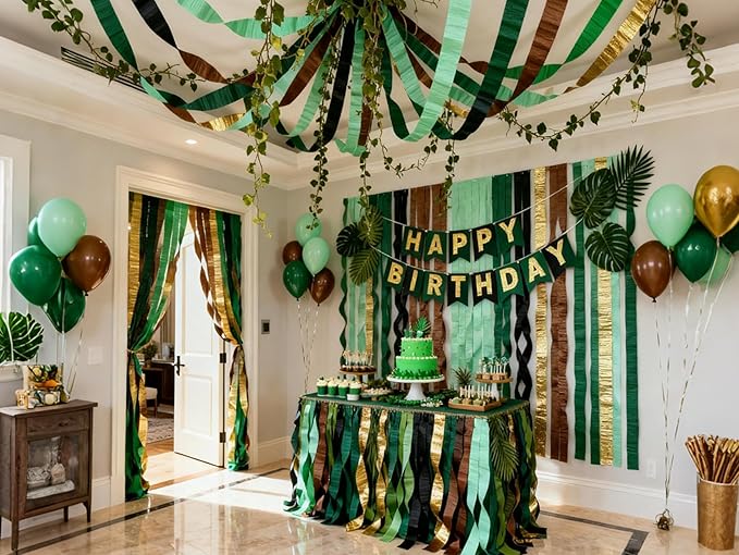 Green Jungle Backdrop Crepe Paper Streamers 492ft Birthday Fringe Party Curtain for Banner, Party Group Photo Background for Camp, Jungle Safari, Big Foot, Woodland Theme