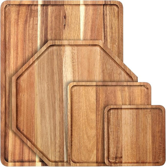 Baderke 4 Pcs Solid Acacia Wood Charcuterie Boards Wooden Serving Tray Set for Serving Food Large Dinner Platters for Dinner Party Cheese Food Decorative(Square Octagon Rectangle, 4 Sizes)