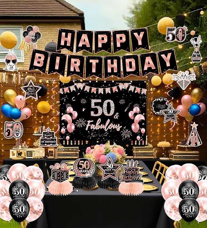 50th Birthday Decorations for Women, Pre-Strung Black Rose Gold Happy Birthday Banner Balloons Backdrop Honeycomb Centerpieces & Hanging Swirl Streamers, 50 Years Old Birthday Party Decorations Kit