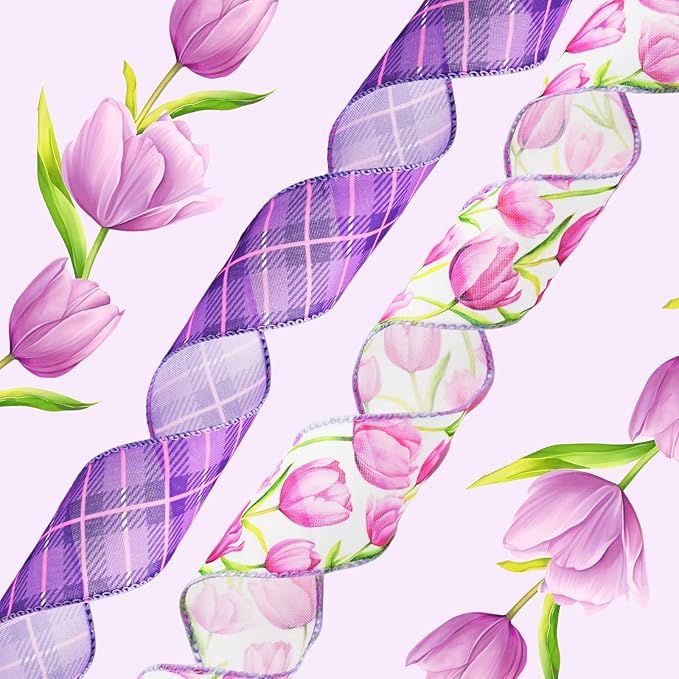 2 Rolls Purple Tulip Wired Ribbon - 2.5 Inch Wide, 10 Yards Total, Elegant Tulip Floral for Wedding Decor, DIY Crafts, Gift Wrapping - Spring-Themed Purple Wired Edge Ribbon