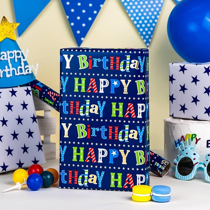 MAYPLUSS Happy Birthday Wrapping Paper Roll - 17 Inch X 16.5 Feet - Metallic Navy Blue Star Birthday Gift Wrapping Paper for Men, Boy, Baby Shower, Holiday