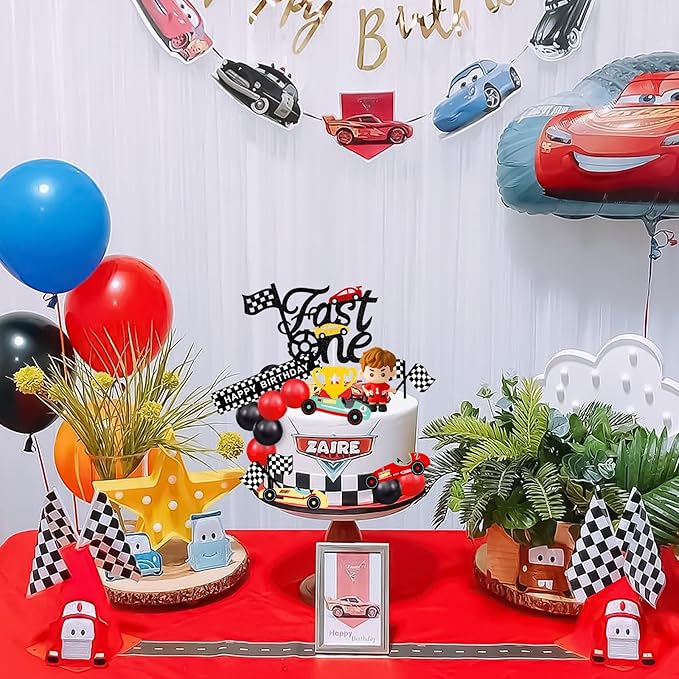 MEMOVAN Race Car Cake Topper Red Black Balls Cake Toppers Fast One Cake Decorations 1st Birthday Cake for Boy's Kids Racing Car Checkered Flag Themed BirthdayParty Favors