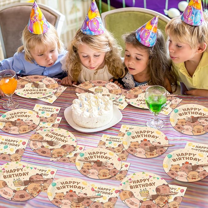 96Pcs Capybara Birthday Party Decorations Capy Birthday Tableware Set Cute Cartoon Animals Disposable Paper Plates Napkins Capybara Party Supplies for Kids Baby Shower Favors Table Decor Serves 24
