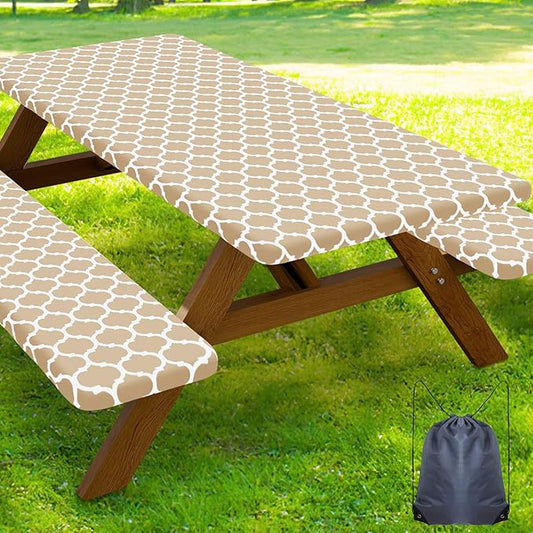 Smiry Picnic Table Cover with Bench Covers, Waterproof Elastic Fitted Tablecloth for 5 Foot Tables, Washable Polyester Tablecloths for Camping, Indoor & Outdoor (Khaki, 30x60 Inch 3-pc Set)
