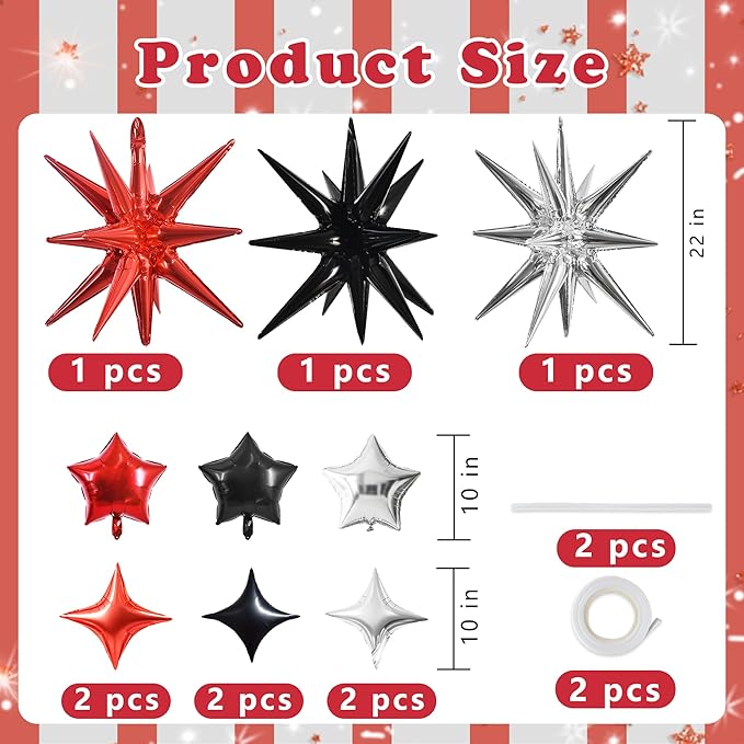 TONIFUL 22Inch 15Pcs Black Red Silver Explosion Star Mylar Balloons and 10Inch Four Pointed Star Balloons Set for Christmas New Year Birthday Wedding Bridal Shower Anniversary Photo Booth Supplies