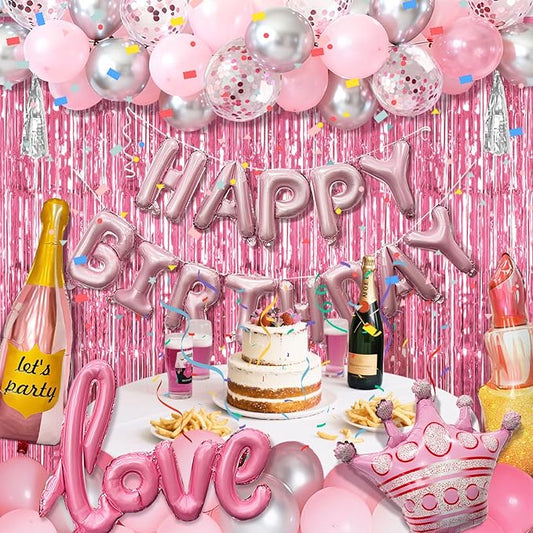 Pink Birthday Party Decorations Set for Women,Happy Birthday Letter Balloon Banner,Foil Balloons,Crown Balloon,Confetti Balloons and Fringe Curtain for Happy Birthday Party Supplies